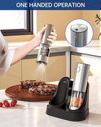 CIRCLE JOY 2-Speed Electric Salt and Pepper Grinder Set Rechargeable Stainless Steel Pepper Mills with Charging Base, LED Light and External Adjustable Coarseness for Hygienic Easy Use