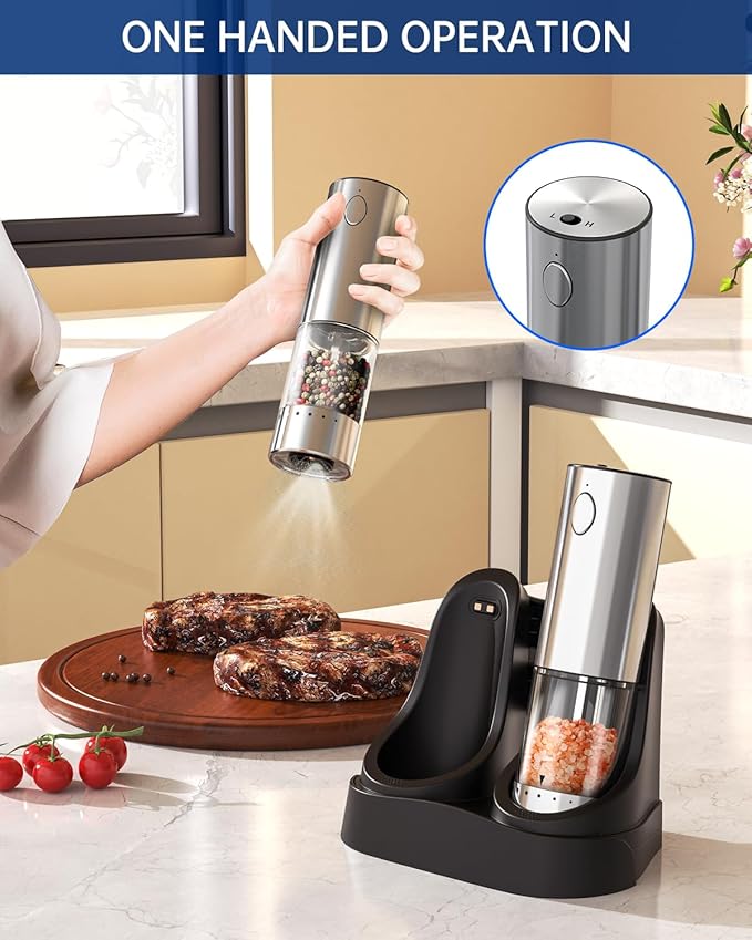 CIRCLE JOY 2-Speed Electric Salt and Pepper Grinder Set Rechargeable Stainless Steel Pepper Mills with Charging Base, LED Light and External Adjustable Coarseness for Hygienic Easy Use