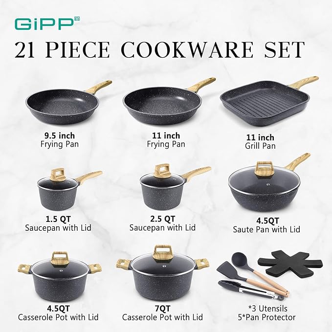GiPP 21Psc Pots and Pans Set Non Stick - Grey Granite Kitchen Cookware Sets Nonstick Induction Cookware Non-toxic Cooking Pan Set with Silicone Utensils, PFOS and PFOA Free