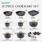 GiPP 21Psc Pots and Pans Set Non Stick - Grey Granite Kitchen Cookware Sets Nonstick Induction Cookware Non-toxic Cooking Pan Set with Silicone Utensils, PFOS and PFOA Free