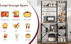 Bakers Rack with Power Outlet, 7-Tier Microwave Stand with Wire Basket, Coffee Bar with 4 s-Shaped Hooks, Kitchen Open Storage Shelf Rack for Spices, Pots, Gray