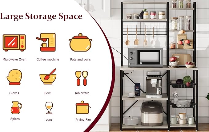 Bakers Rack with Power Outlet, 7-Tier Microwave Stand with Wire Basket, Coffee Bar with 4 s-Shaped Hooks, Kitchen Open Storage Shelf Rack for Spices, Pots, Gray