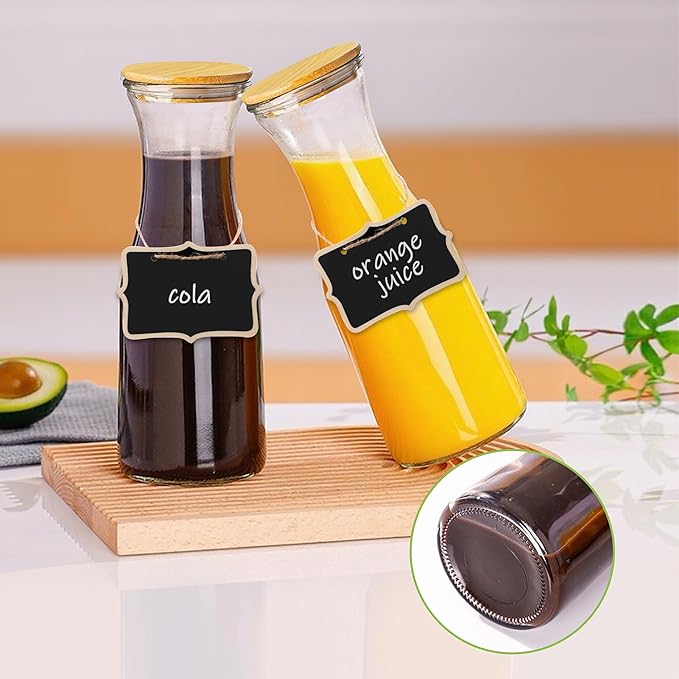 Set of 2 Circular Glass Carafe, 1 Liter Beverage Serveware Carafe with Bamboo Lid, Water Bottles, Clear Glass Pitchers for Mimosa Bar, Milk, Juice, Lemonade(2 Bottles)