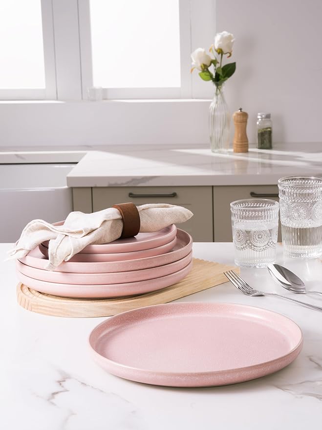 famiware Milkyway Dinner Plates, 10.24 inch Plates for 6, Stoneware Dessert Plates Dish Set for Kitchen, Reactive Glaze Plate Set, Microwave and Dishwasher Safe, Light Pink
