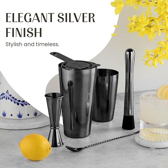 Mixology & Craft Cocktail Shaker Set - 11-Piece Bar Accessories Kit w/Weighted Boston Shaker, Strainer, Jigger, Muddler and More - Home Bartending Tools, Accessories for Bartender, Black