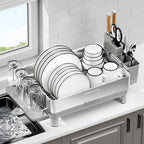 Dish Drying Rack, 304 Stainless Steel Dish Racks for Kitchen Counter, Dish Drainers with Automatic Drainage, Utensil Holder & Cups Holder, Space Saving Kitchen Organizer, Gray