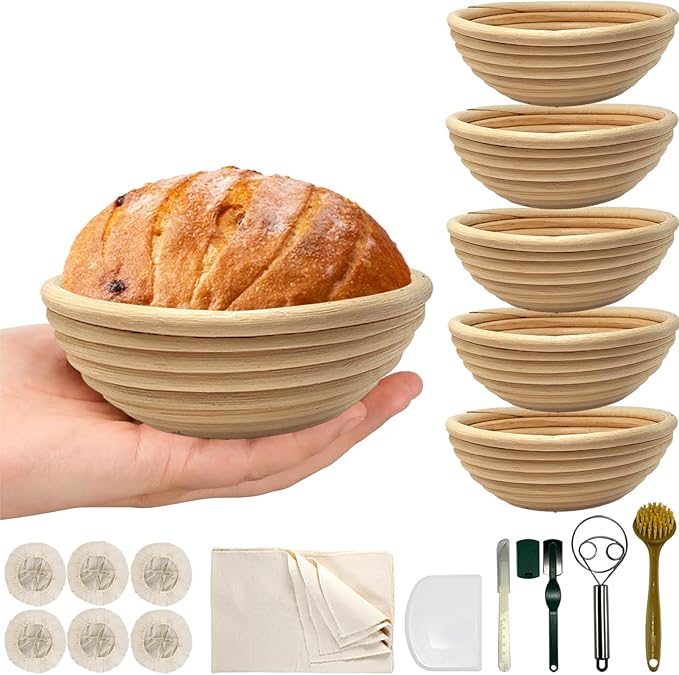 Natural Unbleached Banneton, Sourdough Bread Proofing Basket Kit, 6x 6 Inch Round Mini Basket with BreadMaking Baking Supplies Tools, Banneton Basket Gift Set - Primary Color