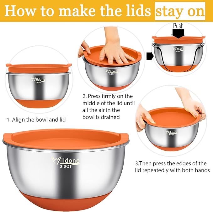 Wildone Mixing Bowls with Airtight Lids, 22 PCS Stainless Steel Mixing Bowls Set, 3 Grater Attachments, Measurement Marks & Non-Slip Bottom, Size 5, 4, 3, 2,1.5, 0.63QT, Ideal for Mixing & Prepping