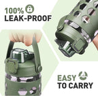 MUKOKO 32 oz Glass Tumbler with Straw,Glass Water Bottles with Time Marker,Iced Coffee Cup with 2 Lids-Handle Spout Lid&Straw Lid,Silicone Sleeve,Leakproof,1 Pack-Olive