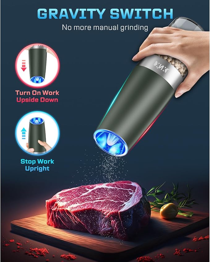 XinXu Gravity Electric Salt and Pepper Grinder Set, Automatic Mill Grinder Shaker,Battery-Operated, Adjustable Coarseness, Stainless Steel, LED Light, One Hand Operated,Dark Green