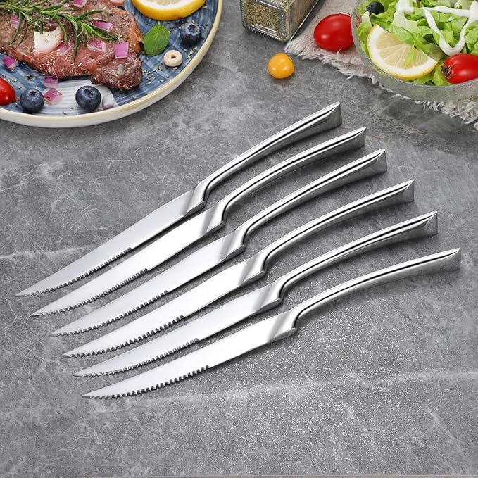 Lemeya Stainless Steel Steak Knives Set of 6,Forge Steak Knife,Serrated Steak Knives Set,6 Piece Heavy Steak Knives-10 inch,Mirror Polished,Dishwasher Safe