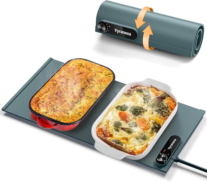 Warming Mat for Food - Space-Saving, Fits Two Baking Dishes, 7 Temp Settings, 4h Auto Shut-Off, Durable Silicone Surface, Easy to Clean, Perfect for Parties and Everyday Use (Green, Medium)