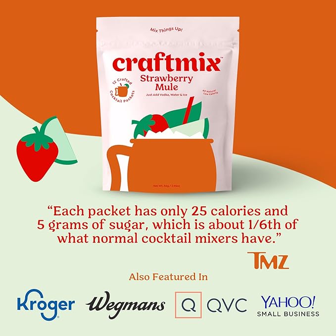 Craftmix Strawberry Mule, Makes 24 Drinks, Skinny Cocktail Mixers Moscow Mule - Mocktail Drink Mixers - Made With Real Fruit - Vegan Low-Carb, Low-Sugar, Non-GMO, Dairy Free, Gluten Free, Easy to Mix