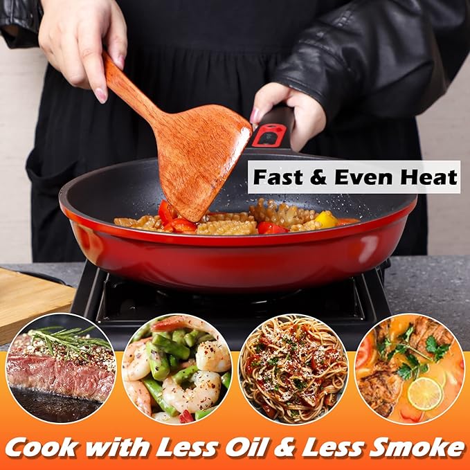 DIIG Nonstick Frying Pan Skillet with Silicone Lid, 10 Inch Saute Pan Omelet Sauce Red Cookware, Oven Safe Chef Pans for Cooking with Detachable Handle, Induction Gas All Stoves Compatible