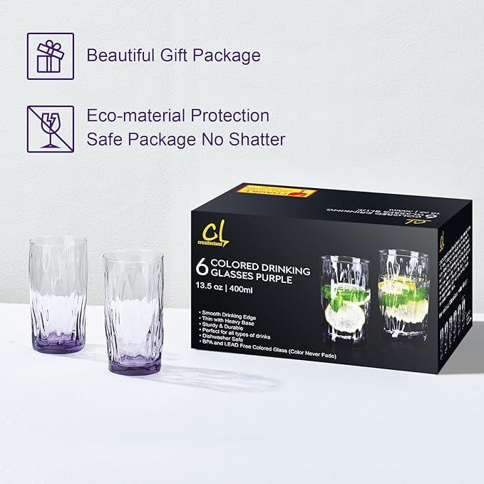 CREATIVELAND Solid Color Drinking Glasses Set of 6, 13.5 OZ Wind-blown Ripples Glass Tumbler Glassware for Water, Juice, Different Options for Home, Restaurant, Hotel, Bar,Purple