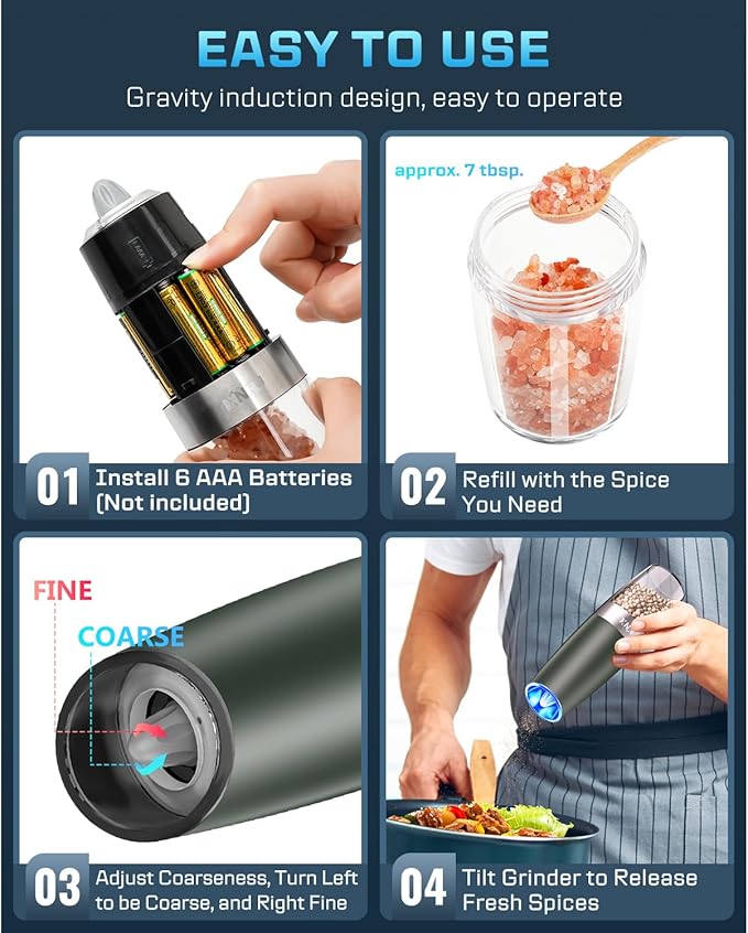 XinXu Gravity Electric Salt and Pepper Grinder Set, Automatic Mill Grinder Shaker,Battery-Operated, Adjustable Coarseness, Stainless Steel, LED Light, One Hand Operated,Dark Green