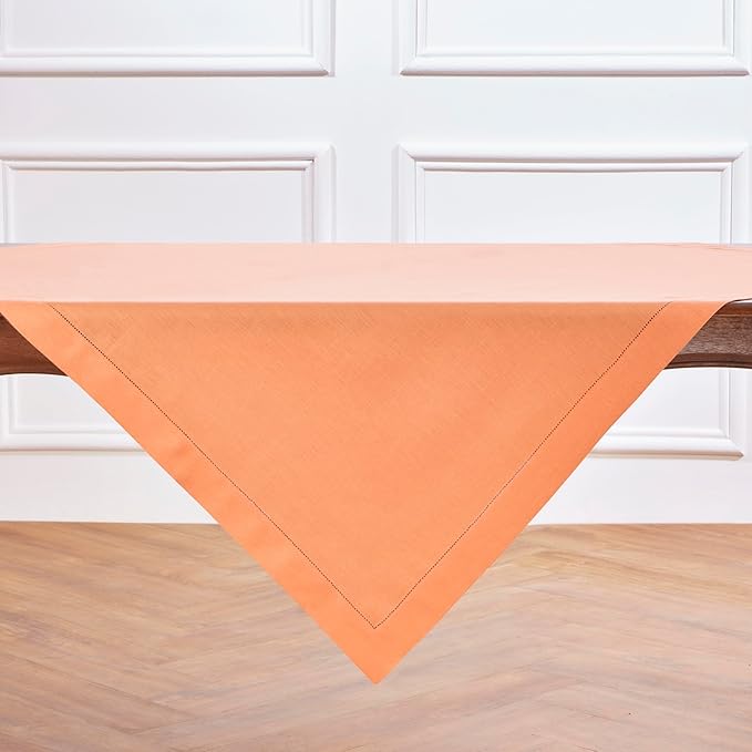Solino Home Coral Linen Tablecloth 52 x 52 Inch - 100% Pure Linen Square Table Throw - Classic Hemstitch, Machine Washable Table Cloth for Summer
