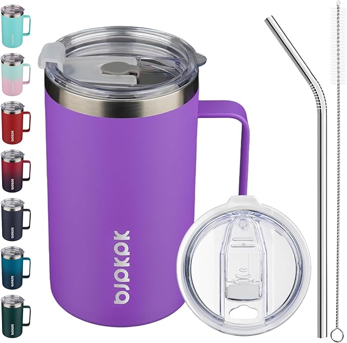 BJPKPK Insulated Coffee Mug with 2 Lids, 25oz Stainless Steel Insulated Tumbler with Handle, Double Wall Vacuum Coffee Cups, BPA Free Travel Mug for Coffee, Tea and Drinks, Purple