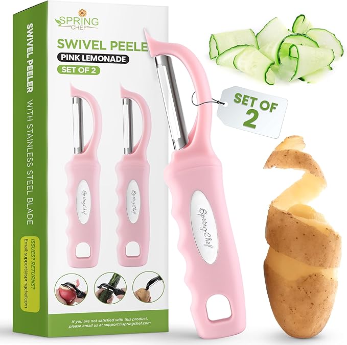 Spring Chef Premium Swivel Vegetable Peeler, Soft Grip Handle and Ultra Sharp Stainless Steel Blades - Perfect Kitchen Peeler For Veggie, Fruit, Potato, Carrot, Apple - Pink Lemonade - Set of 2