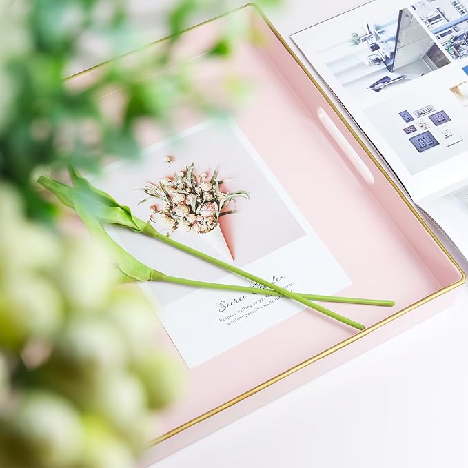 Spsyrine Pink Decorative Serving Tray with Handles, 13" X 13" Square Plastic Coffee Table Tray for Ottoman, Living Room, Bathroom, Home Decor.