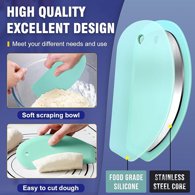 Walfos Dough Scraper Set of 3, Flexible Silicone Bowl Spatula, Kitchen Plastic Bench Dough Scraper Tool for Bread Dough, Sourdough, Cake, Fondant Icing, Blue & Teal/Aqua…