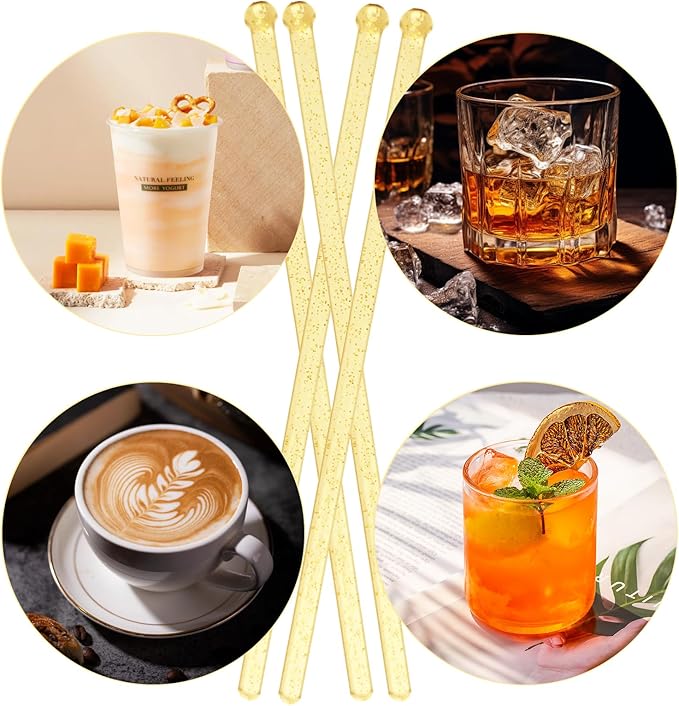 100 Pieces Disposable Plastic Round Top Clear Swizzle Sticks, Crystal Cake Stick, Cocktail Coffee Drink Stirrers 7.24 Inch (Golden)