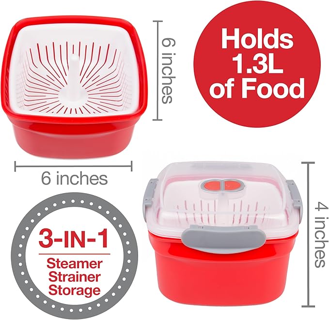 Microwave Steamer for Vegetables - 3 pc Microwavable Cooker with Food Storage- XMAS Holiday Cooking Made Easy- Removable Strainer & Locking Steam Vent Lid- BPA Free, Fridge & Freezer Safe | 1.3 Liters