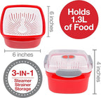 Microwave Steamer for Vegetables - 3 pc Microwavable Cooker with Food Storage- XMAS Holiday Cooking Made Easy- Removable Strainer & Locking Steam Vent Lid- BPA Free, Fridge & Freezer Safe | 1.3 Liters