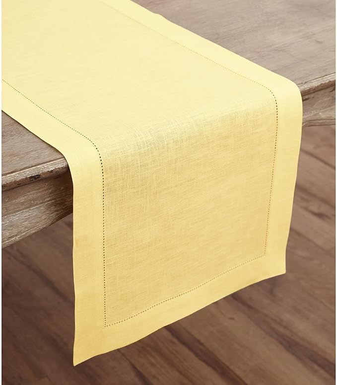 Solino Home Linen Yellow Table Runner 120 Inches Long - 100% Pure Linen Hemstitch 14 x 120 Inch Table Runner for Dining and Summer - Classic Hemstitch