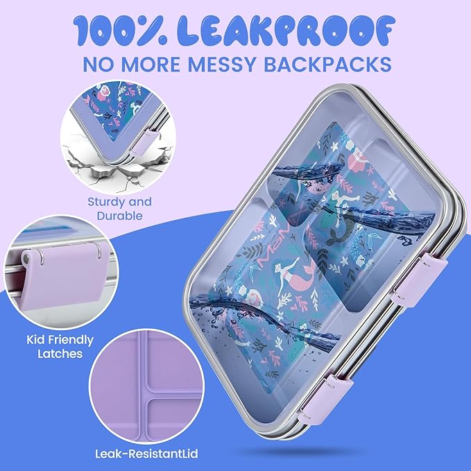 MaMix Kids Lunch Box Stainless Steel,3 Compartments Leak-Proof Bento Box for Kids for Sandwich, Lunch Containers Freezer Safe (purple)