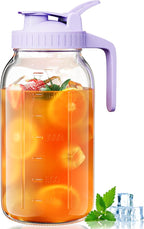 64oz Glass Mason Jar Pitcher with Lid Wide Mouth, 2 Quart Leakproof Glass Water Jug for Juice, Sun Iced Tea, Cold Brew Coffee, Milk Storage, Purple