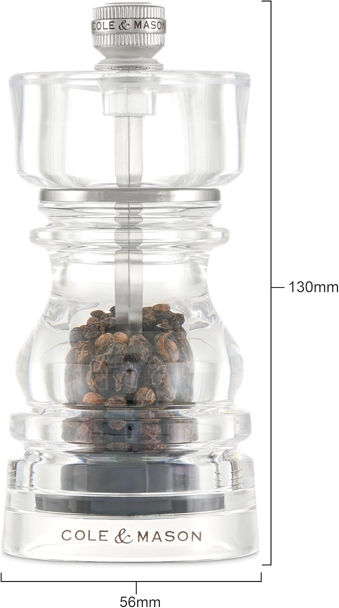 Cole & Mason London Refillable Spice Mill - Kitchen & Home Accessory - Table Black Pepper Grinder - Pepper Mill with Carbon Steel Mechanism - 5", Acrylic