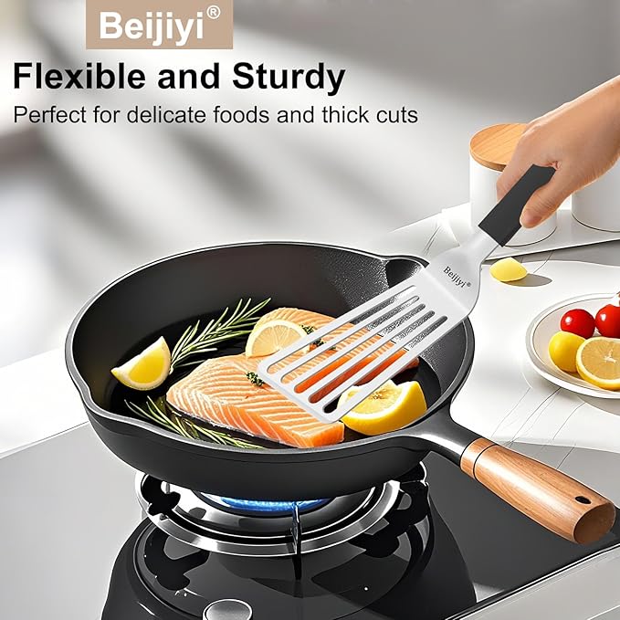 Beijiyi 13.3" Fish Spatula Stainless Steel, Fish Turner with Silicone Handle and Beveled Edge, Thickened Metal Kitchen Slotted Spatula for Cast Iron Skillet Cooking, Flipping and Grilling