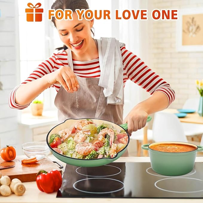 Hisencn Enameled Cast Iron Cookware Set - 7 Piece Set of Dutch Ovens, Sauce Pan, Skillet, 3 Lids, Dutch Oven Set, Ceramic Coated Cast Iron, Heavy Duty, Gas/Induction Compatible (Pistachio Green)