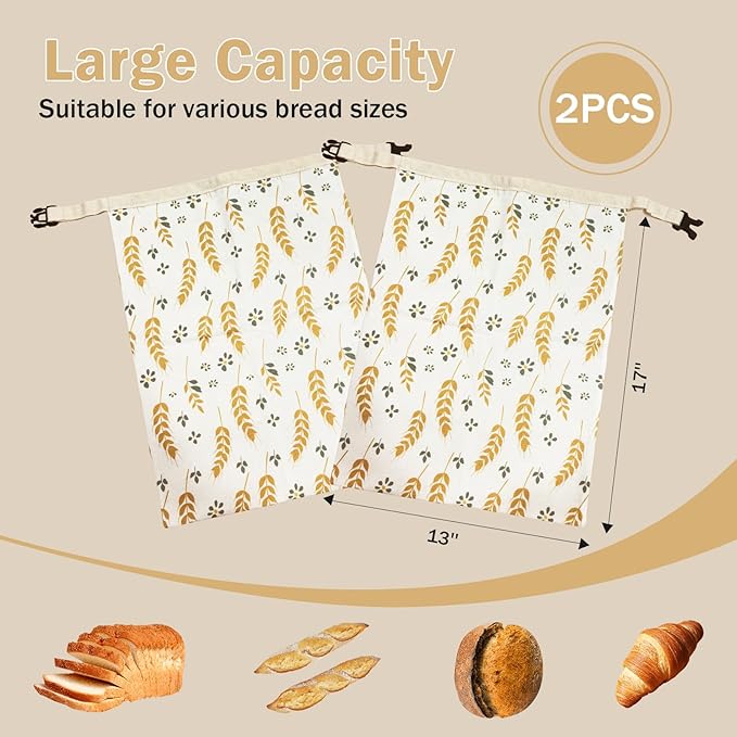 2-Pack Reusable Beeswax Bread Bags for Homemade Bread & Sourdough, Eco-Friendly Organic Food Storage Cloth Bag, Freezer-Safe & Freshness Preservation Longer, XL Large Capacity Portable (13’’x17’’)