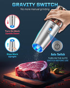 XinXu RECHARGEABLE Salt and Pepper Grinder Set,Automatic Pepper Mill,USB Rechargeable,Adjustable Coarseness,One-handed Operation,Ceramic Burr,Refillable,Auto Grinders Shakers LED Light,Sliver