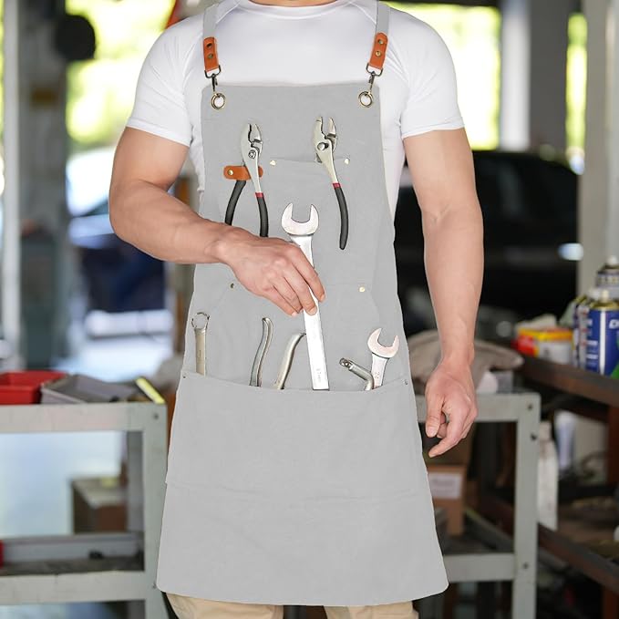 Canvas Aprons for Men Chef Apron, Work Apron with Large Pockets - 16oz Heavy Duty Cross Back, BBQ, Cooking