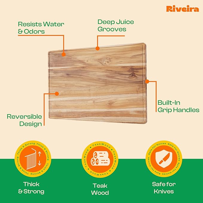 Riveira Teak Wood Cutting Board – Gourmet Teak Grandeur: 36 x 24 Wooden Cutting Board – Natural Wooden Cutting Boards For Kitchen Decorative – Innovative Juice Grooves Teak Wooden Chopping Board