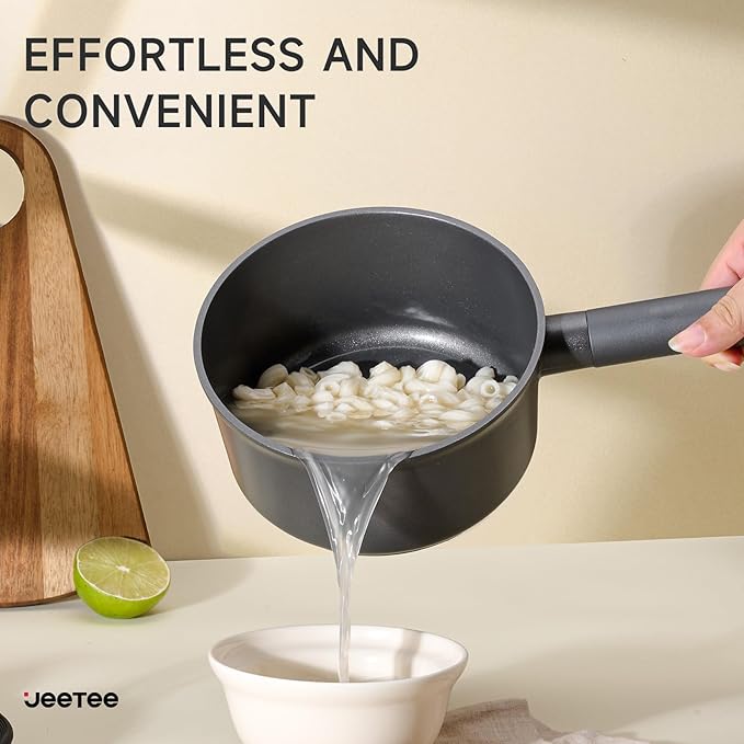 JEETEE Titanium Sauce Pan with Lid, 1.5 QT Non Stick Cooking Pots, Oven & Dishwasher Safe, Ideal for Sauces Soups and Heating Milk, PFOA/PFAS Free (Gray)