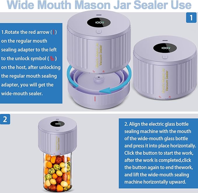 Electric Mason Jar Vacuum Sealer Kit for Wide Mouth and Regular Mouth Mason Jar - Purple