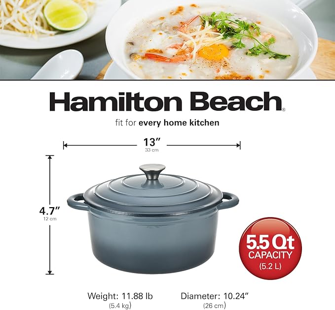 Hamilton Beach Enameled Cast Iron Dutch Oven 5.5-Quart Slate, Cream Enamel Dutch Oven Pot with Lid