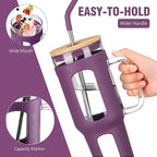 Glass Tumbler with Lid and Straw, 46 oz Iced Coffee Cup with Handle, Glass Water Bottles with Silicone Sleeve, BPA Free-Purple
