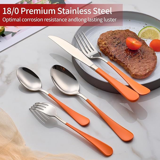 20-Piece Orange Silverware Set 18/0 Stainless Steel Flatware Orange Handle Cutlery Set Service for 4 Dinner Knives Forks Spoons Set Mirror Finish Dishwasher Safe