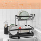 Dish Drying Rack Two-Tier Drying Rack with Utensil Holder, Auto-Draining Dish Rack for Kitchen Counter, Large Capacity for Plates, Bowls, Cups, Dish Drainer with Drainboard, Black