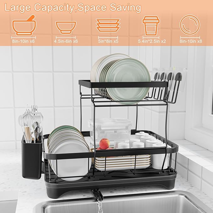 Dish Drying Rack Two-Tier Drying Rack with Utensil Holder, Auto-Draining Dish Rack for Kitchen Counter, Large Capacity for Plates, Bowls, Cups, Dish Drainer with Drainboard, Black
