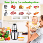 Food Processor, 2 Stainless Steel Bowls, 14Cup, 500W Powerful Electric Meat Grinder, 3 Speed Modes 4 Bi-Level Blades for Onion, Meat, Nuts, Fruit, Garlic, Vegetable, Baby Food