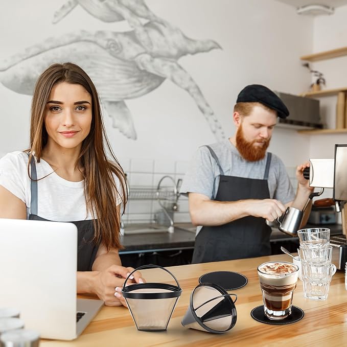 Reusable Coffee Filters 4 for Permanent Filter for Ninja Coffee Maker for Cuisinart Filter Basket Replacement (2 Coffee Filters and 2 Coffee Coasters)