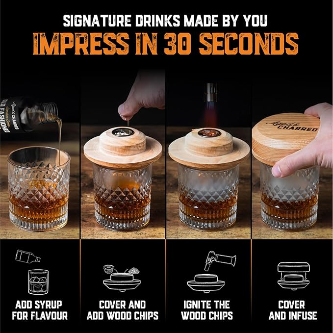 Whiskey Cocktail Smoker Kit with Torch, Old Fashioned Syrup & 8 Flavors Wood Chips - Premium USA Oak Smoker - Old Fashioned Smoker Kit - Bourbon Gifts for Men (with Butane)