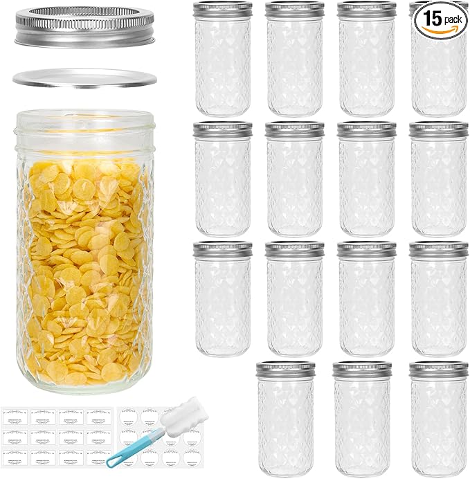 DHSBTLS Glass Regular Mouth Mason Jars, 15 Pack 12 oz Glass Canning Jars with Silver Aluminum Lids and Bands, Airtight Jars for Food Storage, Canning, Overnight Oats, Fermenting, Pickling, Decor