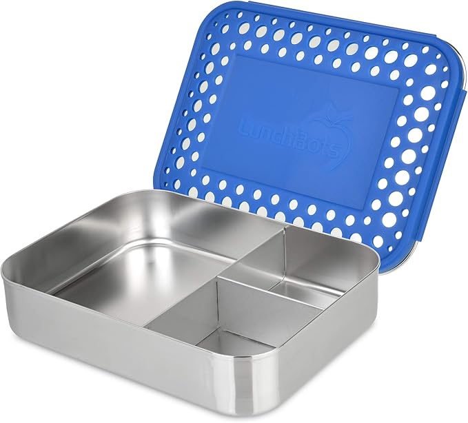LunchBots Large Trio Stainless Steel Lunch Container -Three Section Design for Sandwich and Two Sides - Metal Bento Lunch Box - Eco-Friendly - Stainless Lid - Blue Dots